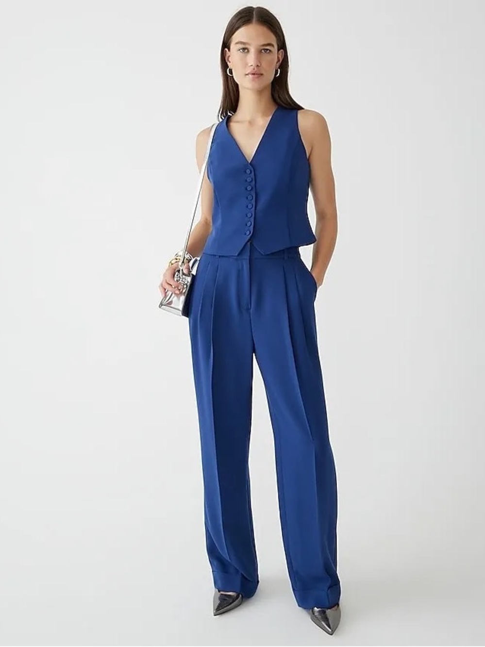 J. Crew Navy Pleated High-Rise Crepe Trousers